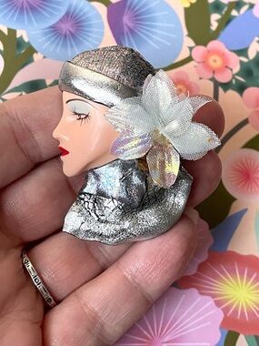Vintage flapper girl face profile brooch 3D mixed media